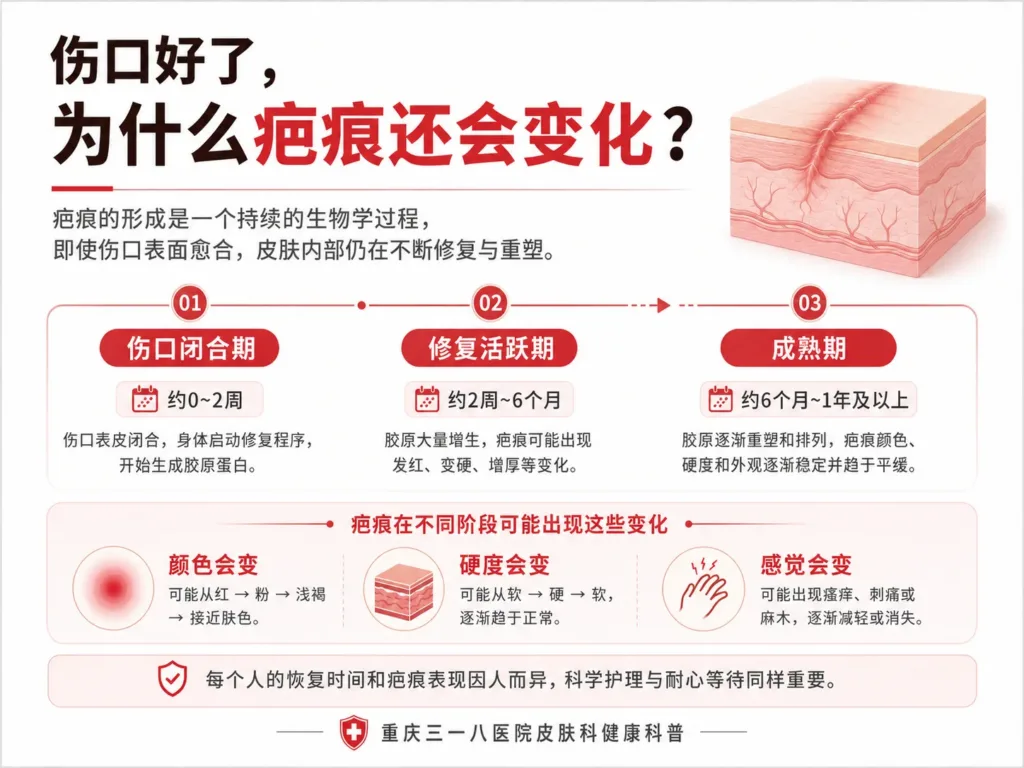 伤口愈合后疤痕恢复过程示意图