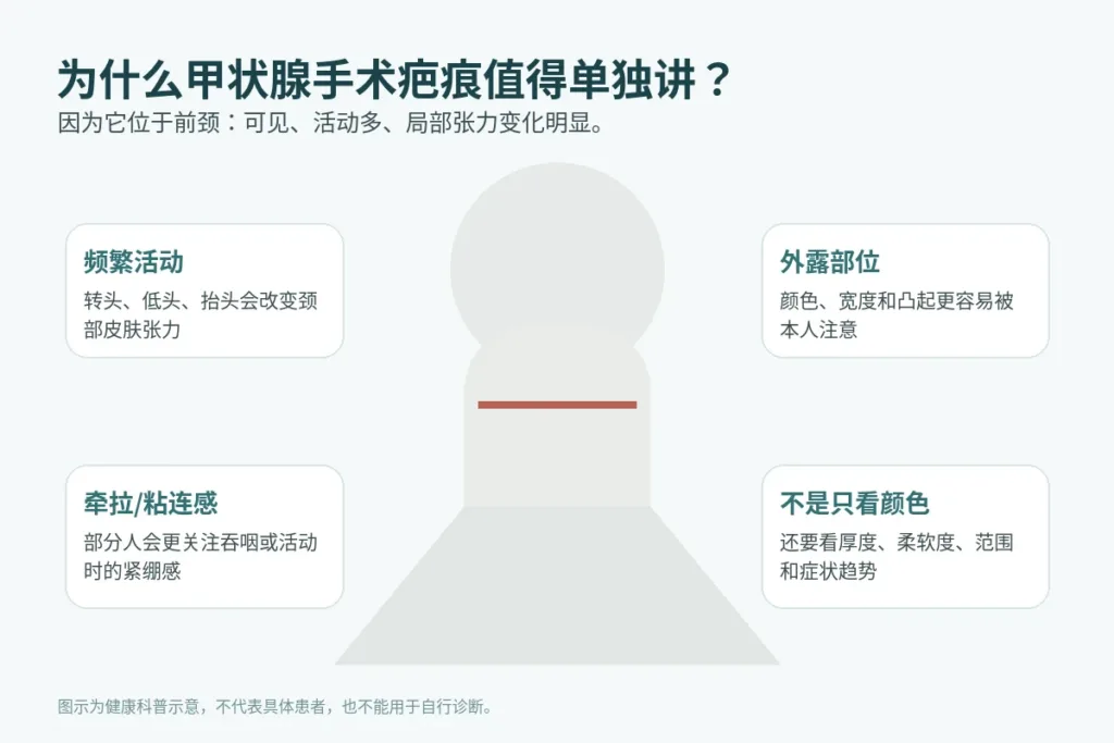 甲状腺手术疤痕位于前颈部并受颈部活动和局部张力影响的示意图