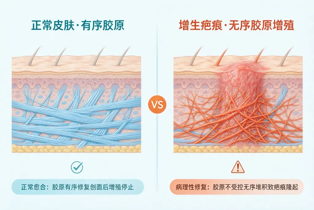 正常皮肤有序胶原 VS 增生疤痕无序胶原纤维堆积示意图