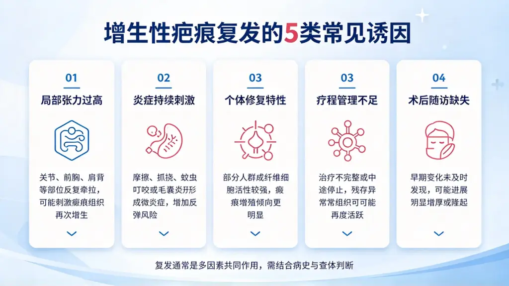 增生性疤痕复发原因，局部张力、炎症刺激、个体体质、治疗不充分、随访缺失