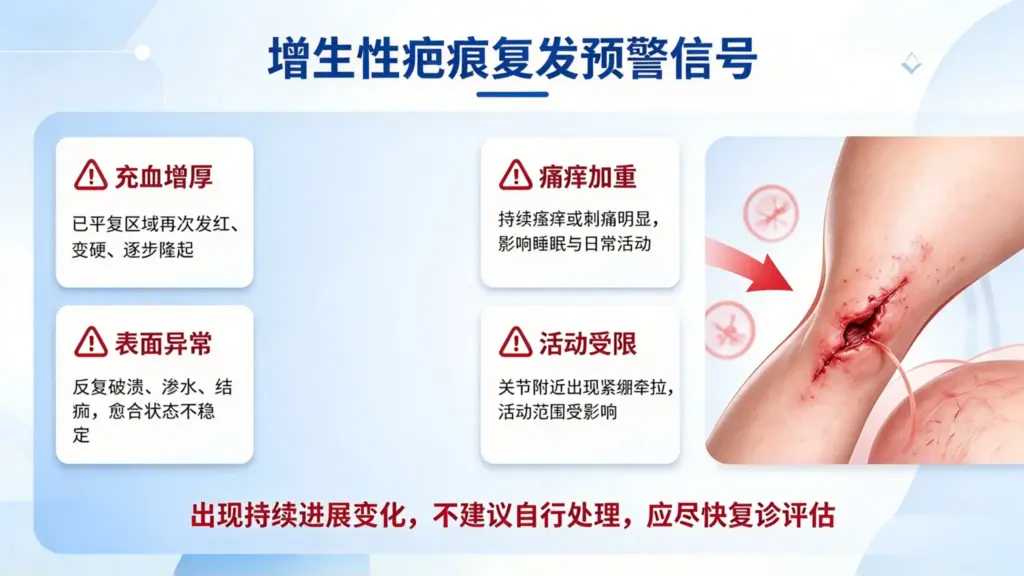 增生性疤痕复发预警信号，发红增厚、破溃渗水、活动受限