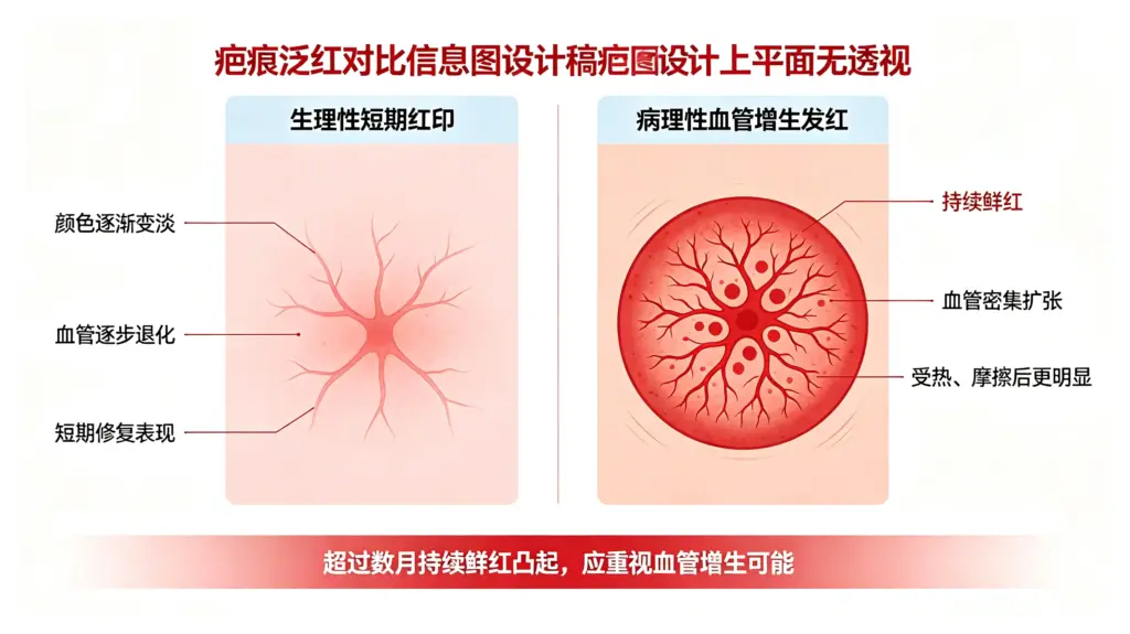 生理性短期红印和增生性疤痕病理性发红对比图