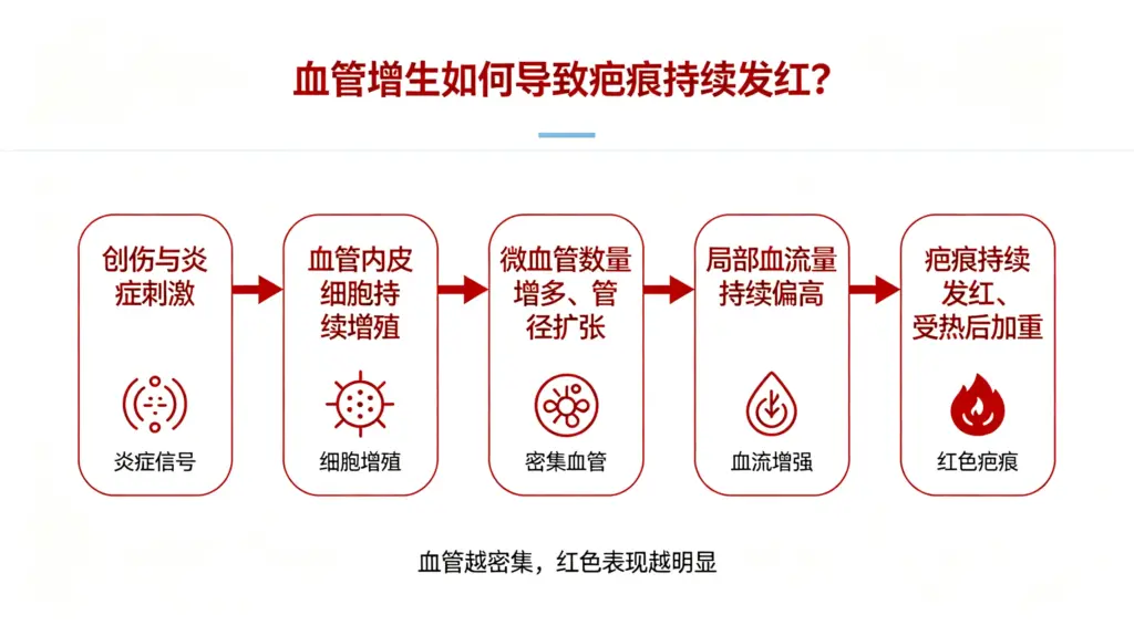 持续炎症、血管增生、血流量增高与疤痕发红关系图