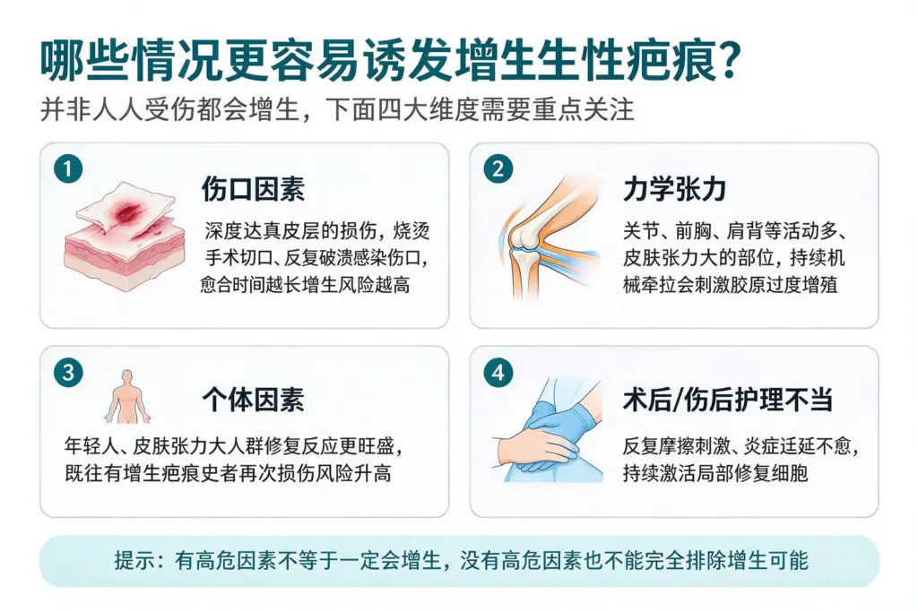 增生性疤痕高危因素，伤口条件、皮肤张力、个体体质、护理因素科普图解