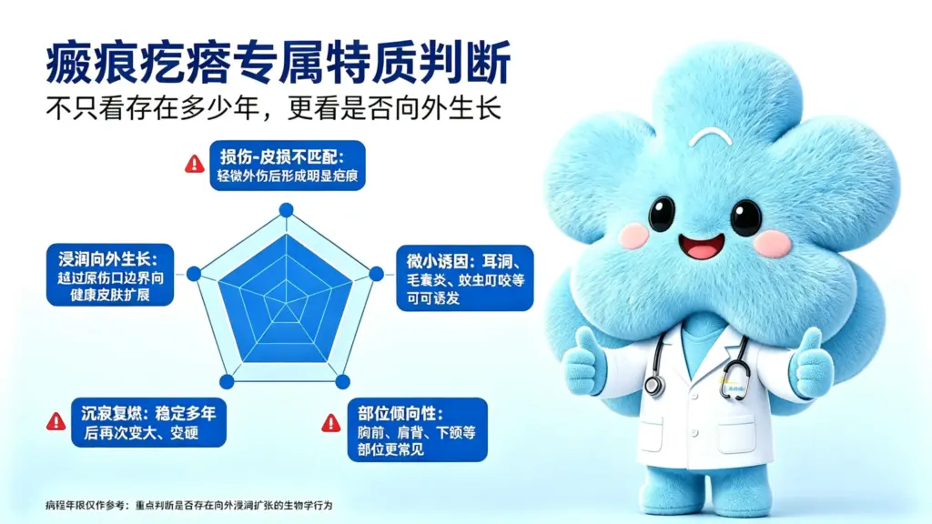 瘢痕疙瘩 5 项专属特质判断:损伤‑皮损不匹配、浸润向外生长、微小诱因、沉寂可复燃、部位倾向性