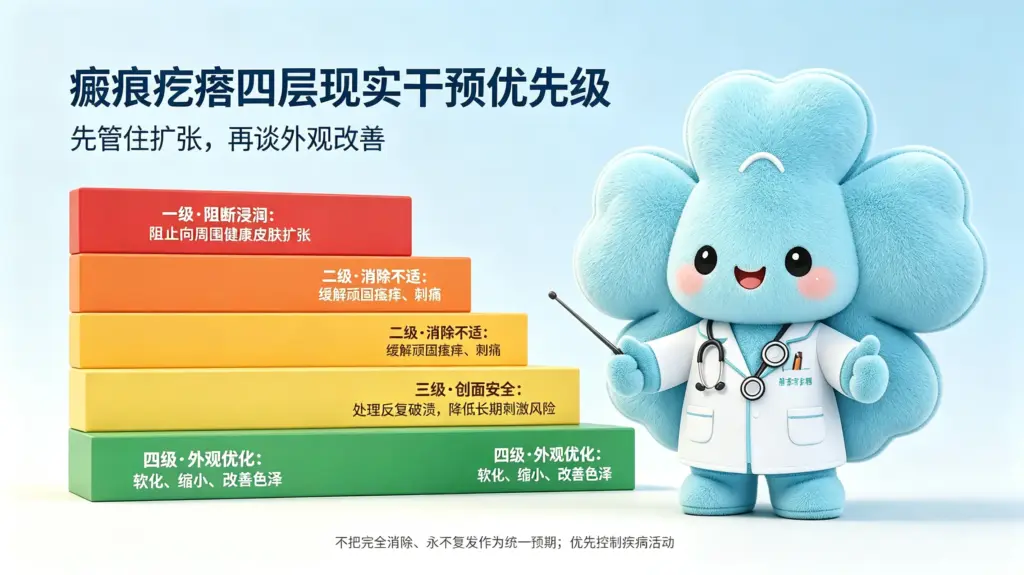 瘢痕疙瘩干预四层优先级:阻断浸润扩张、消除不适、创面安全、外观优化,不追求彻底消除永不复发