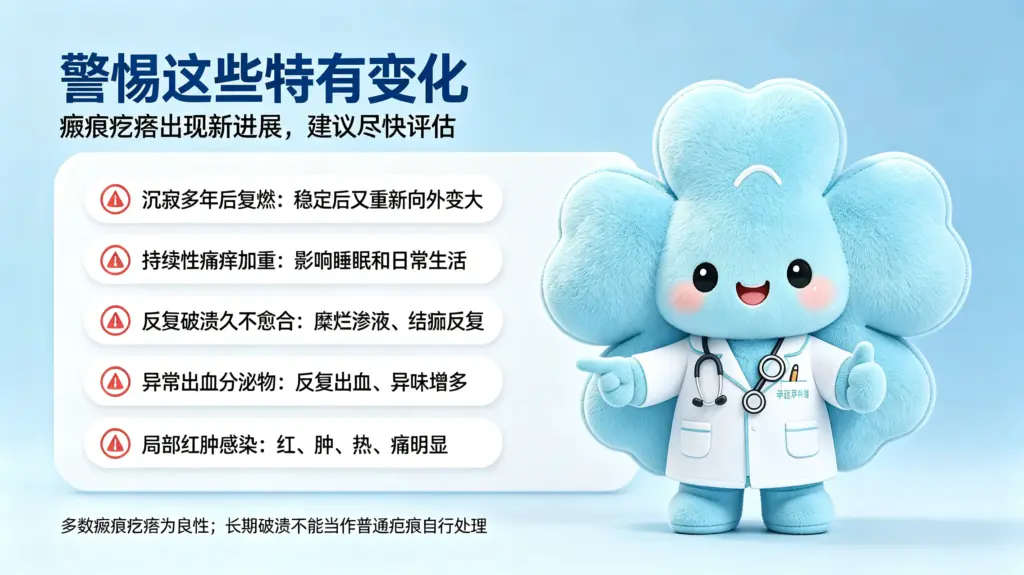 瘢痕疙瘩沉寂后复燃、持续性痛痒加重、反复破溃久不愈合、异常出血分泌物、局部红肿感染要及时就医评估