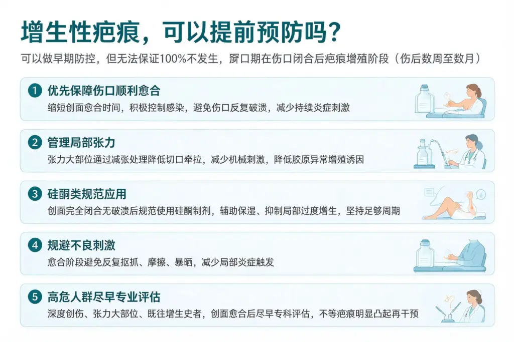 增生性疤痕早期预防思路，伤口愈合、减张、硅酮制剂、规避刺激、专科评估要点