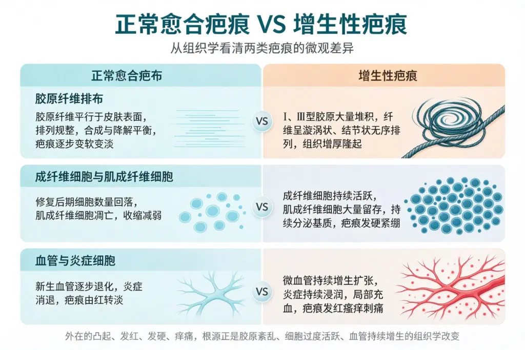 正常愈合疤痕与增生性疤痕组织学对比，胶原纤维、成纤维细胞、血管微观差异图解