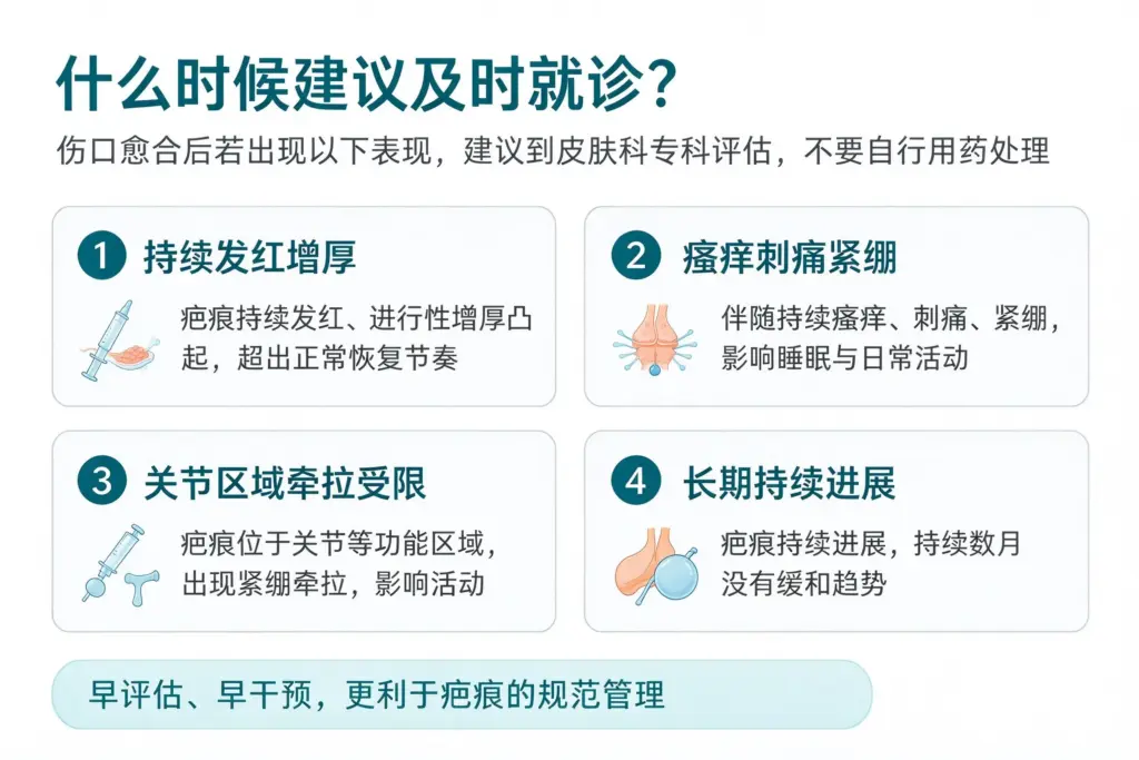 疤痕出现哪些表现需要尽快就诊，增厚凸起、持续红痒、牵拉活动受限提示