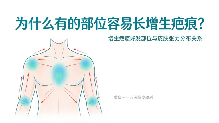 增生疤痕好发部位与皮肤张力分布关系科普头图，前胸肩背关节高张力区标注