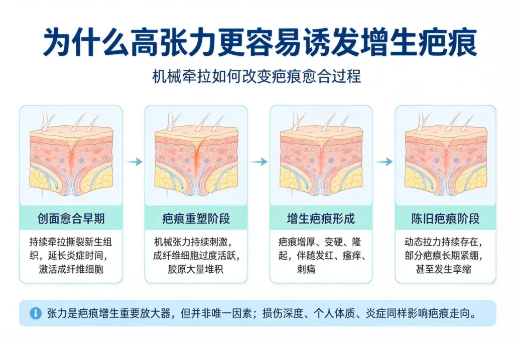皮肤张力诱发增生疤痕机制图解,解释机械牵拉如何刺激胶原过度增生