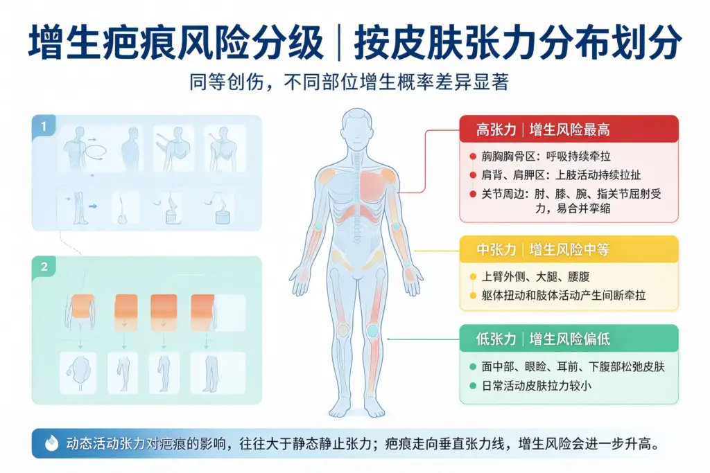 增生疤痕好发部位张力分级,高、中、低张力区域划分