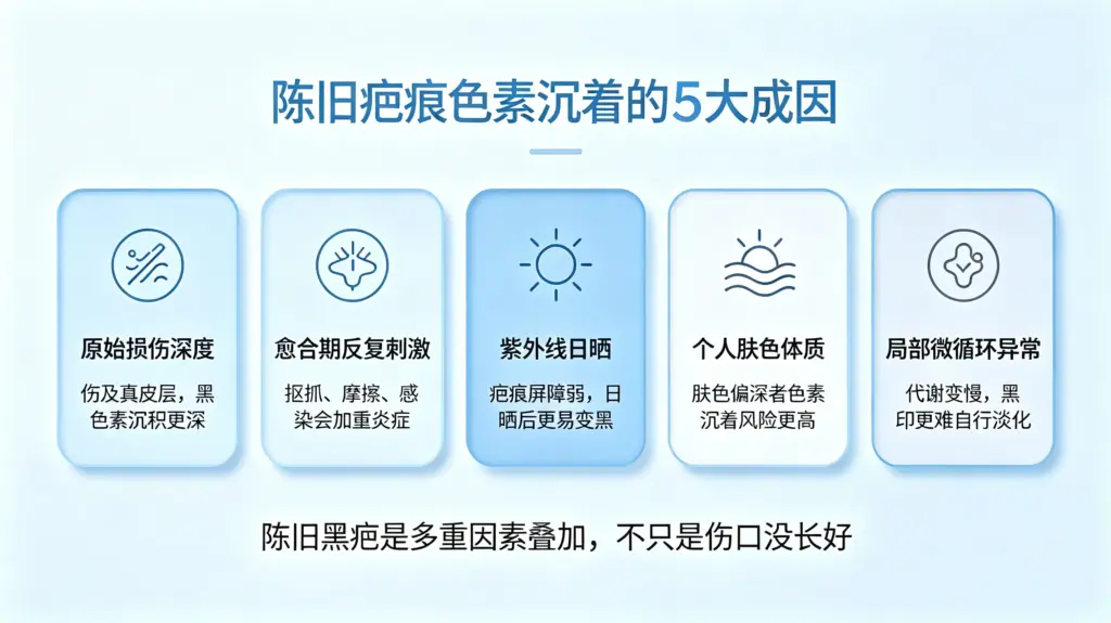 陈旧疤痕色素沉着五大成因：损伤深度、反复炎症刺激、紫外线日晒、个人肤色体质、疤痕局部微循环异常