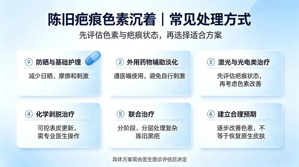 陈旧疤痕色素沉着处理：防晒护理、外用药物、激光光电、化学剥脱、联合治疗、合理预期