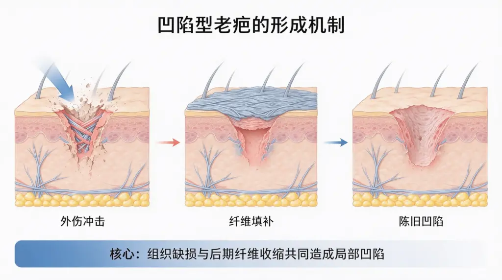 外伤摔伤凹陷老疤形成机制,真皮皮下组织缺损科普图示