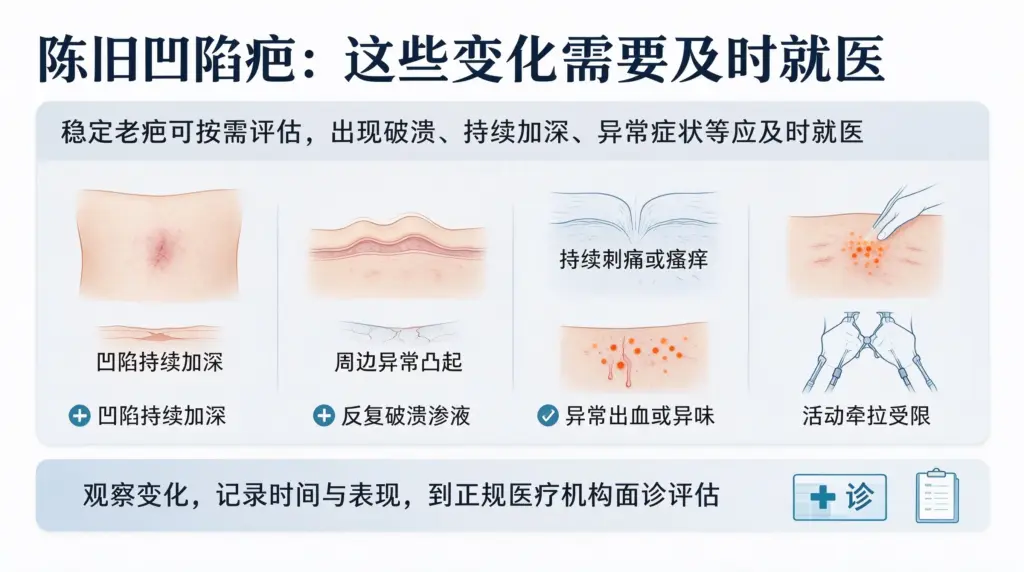 陈旧凹陷老疤出现哪些变化需要尽快就医评估