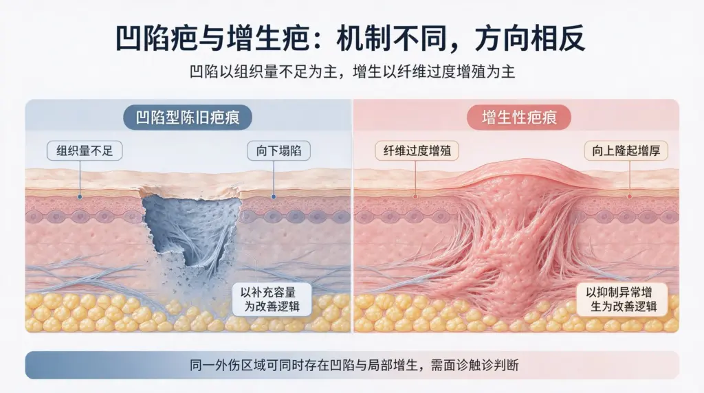 凹陷型疤痕和增生疤痕病理本质区别对比科普图