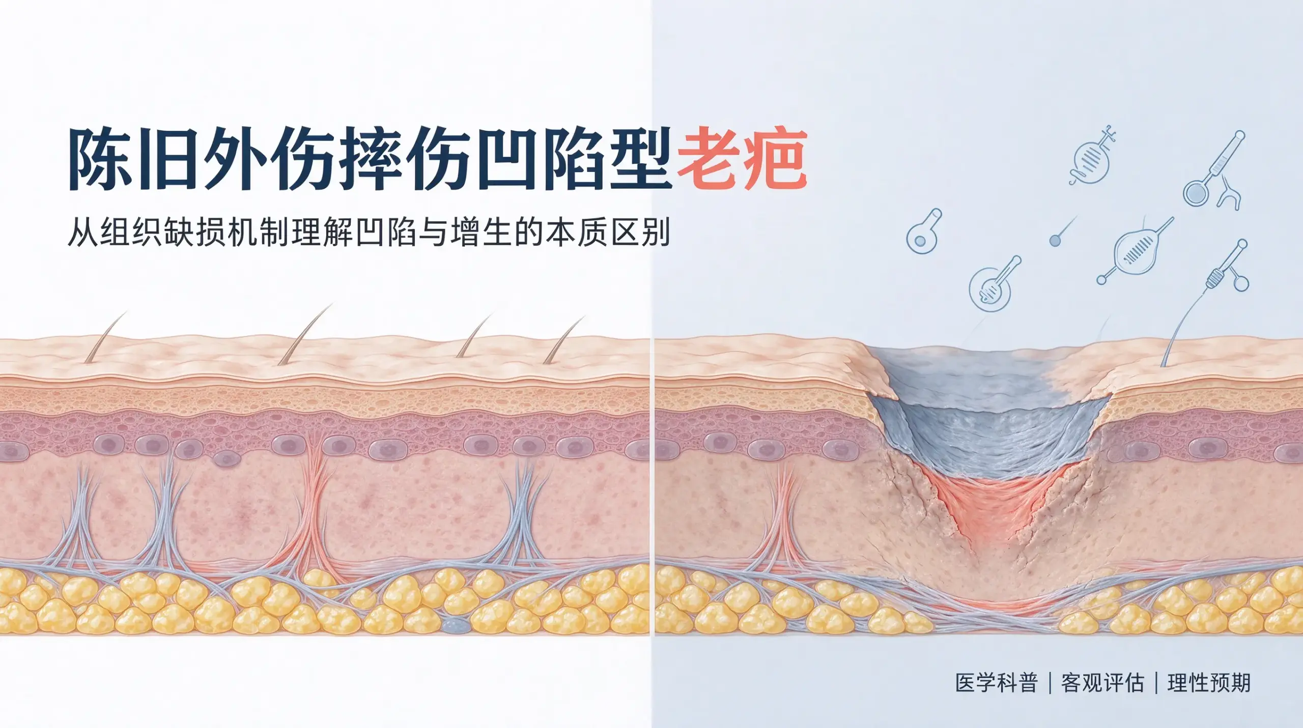 陈旧外伤摔伤凹陷型老疤缺损机制现实改善目标科普封面