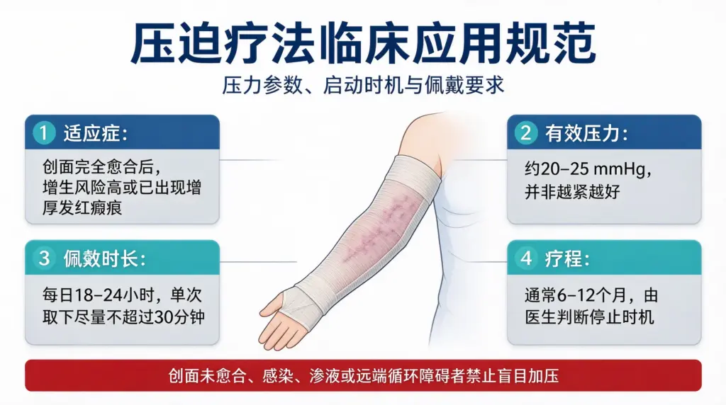 增生疤痕压迫疗法需遵循适应症、压力参数、启动时机、佩戴时长和疗程规范,并警惕皮肤损伤及循环异常。