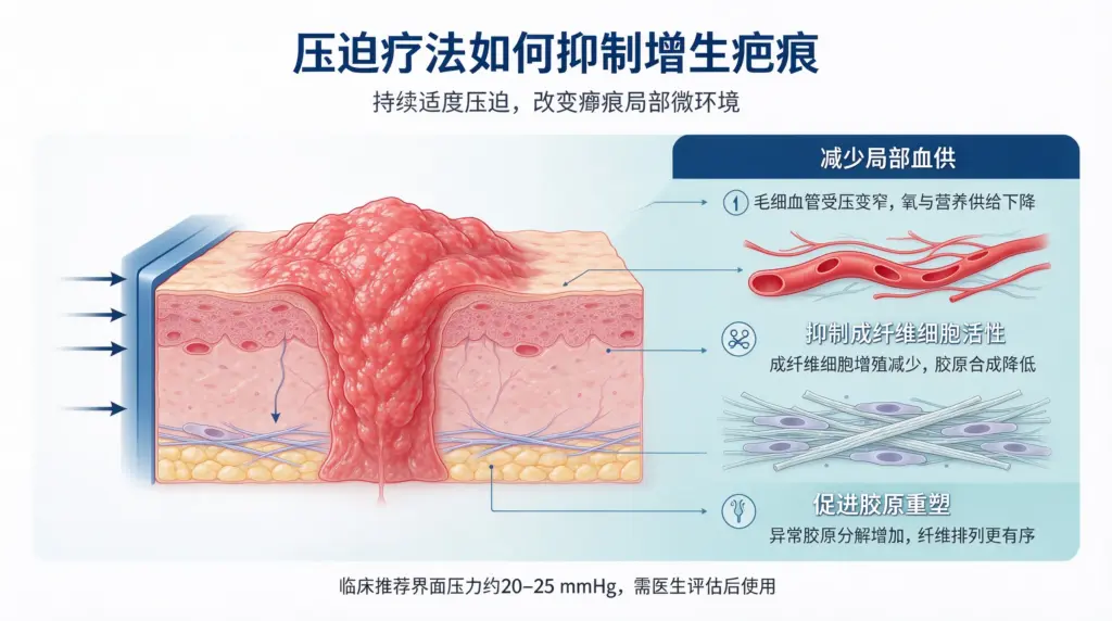 压迫疗法通过持续适度压力减少增生疤痕局部血供,抑制成纤维细胞活性和胶原过度沉积,并促进胶原重塑。
