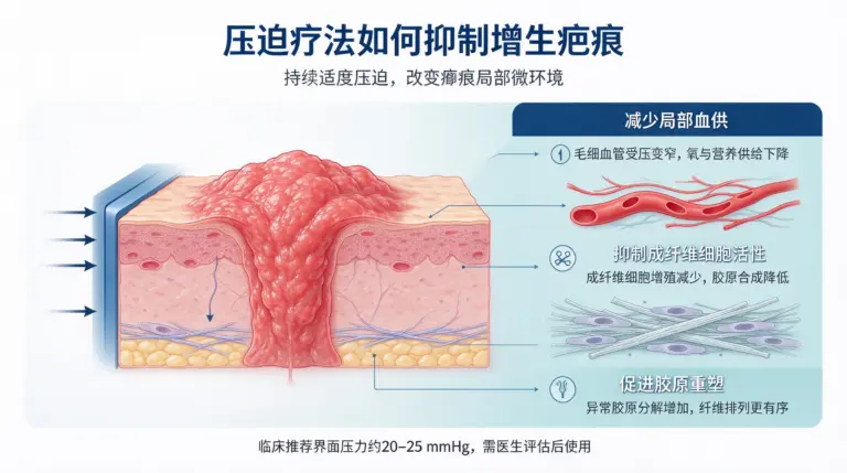 压迫疗法通过持续适度压力减少增生疤痕局部血供，抑制成纤维细胞活性和胶原过度沉积，并促进胶原重塑。
