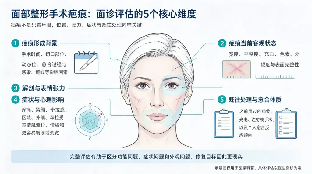 面部整形疤痕评估维度示意图,包含疤痕背景、当前状态、症状影响、既往处理