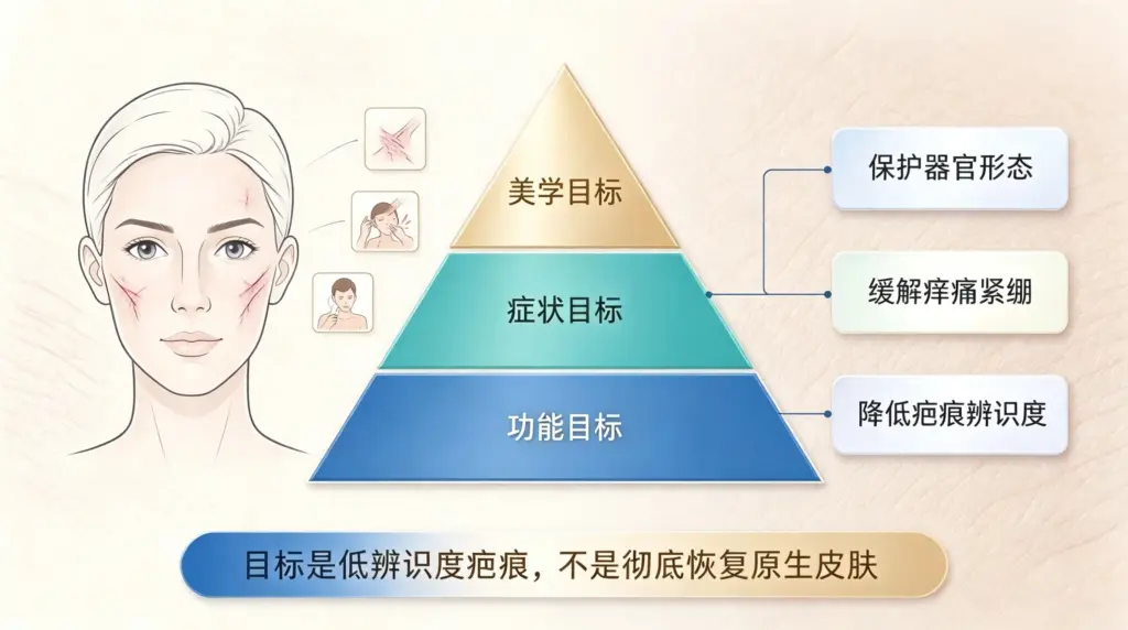 面部整形疤痕修复目标金字塔,包含功能目标、症状目标、美学目标