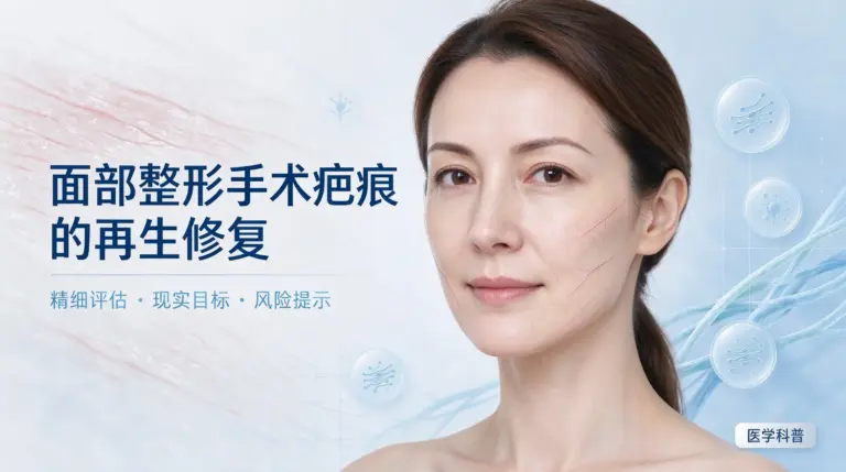 面部整形手术疤痕修复封面，展示面部瘢痕评估、美学目标与风险提示