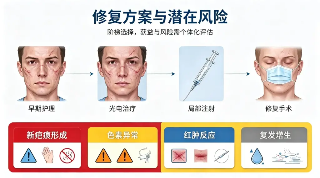 面部整形疤痕修复方案与风险提示图,包含早期护理、光电治疗、局部注射、修复手术及新瘢痕形成、色素异常、红肿反应、复发增生等风险