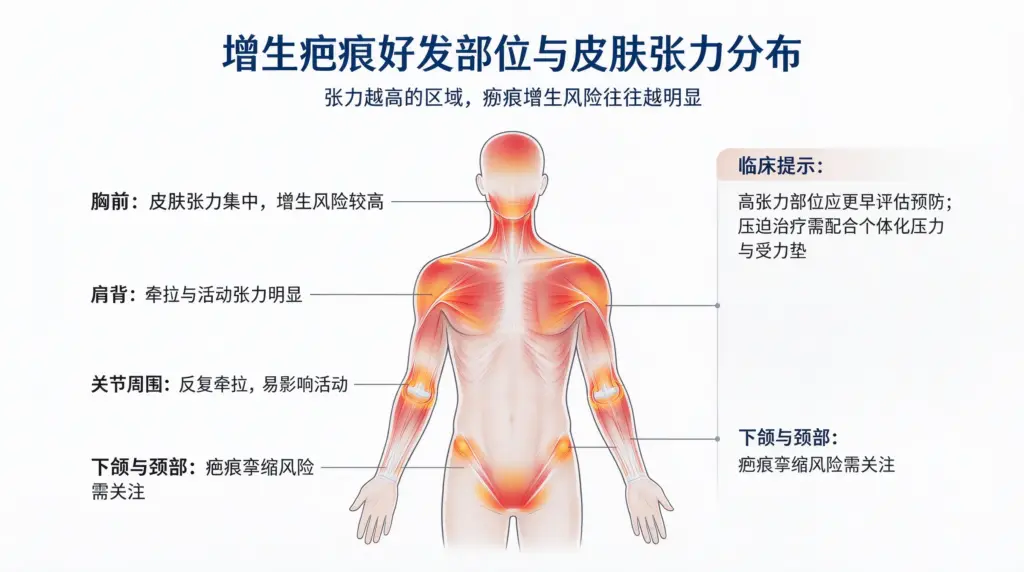 胸前、肩背、关节周围、颈部等皮肤张力较高区域,更容易出现瘢痕增生或挛缩,应重点评估预防。
