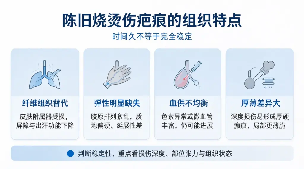 陈旧烧烫伤疤痕组织病理特点,胶原紊乱与弹性缺失