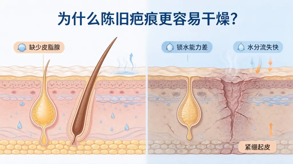 正常皮肤vs陈旧疤痕组织对比，瘢痕缺少皮脂腺水分易流失