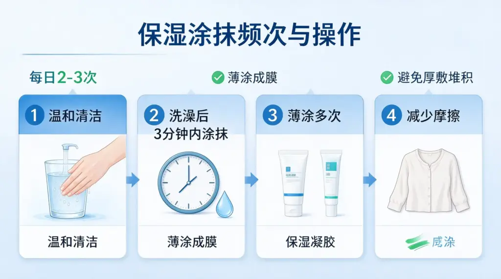 陈旧疤痕保湿正确涂抹流程，温水清洁、薄涂保湿、多次护理