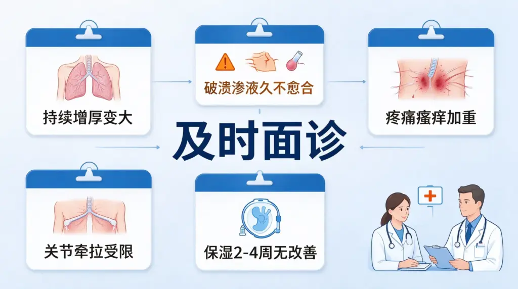 陈旧疤痕出现破溃、持续增厚、瘙痒疼痛加重需要面诊