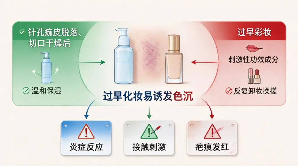 新生疤痕屏障脆弱，过早彩妆、刺激性产品易诱发色沉皮炎科普图