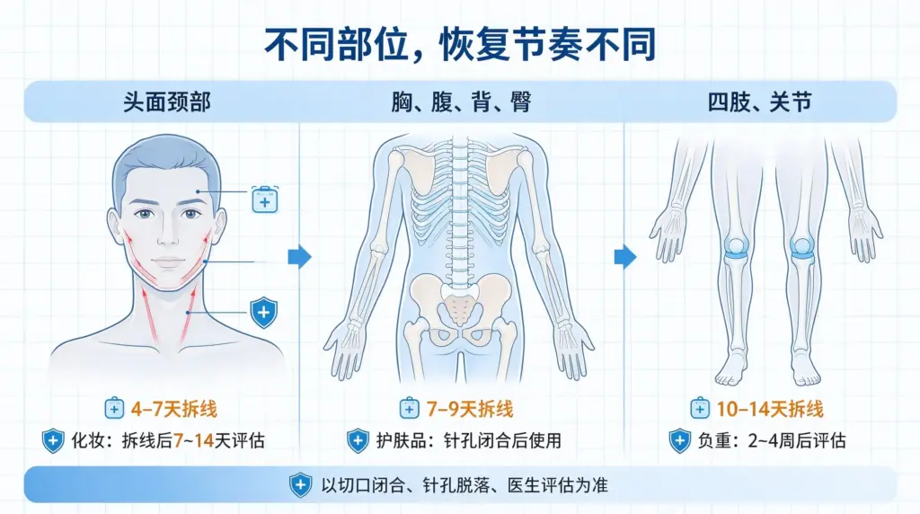 头面颈部、胸腹背部、四肢关节，拆线、复工、护肤、化妆时间信息图