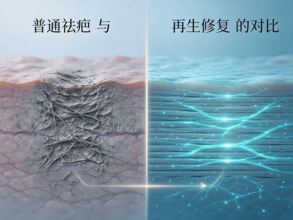 手术疤痕再生修复与普通祛疤对比:左侧纤维杂乱灰暗,右侧胶原整齐有序、呈青蓝再生脉络的皮肤组织原位重塑示意
