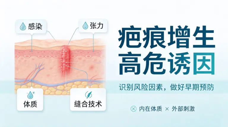 疤痕增生特色图，展示疤痕体质、感染、伤口张力、缝合技术等高危因素