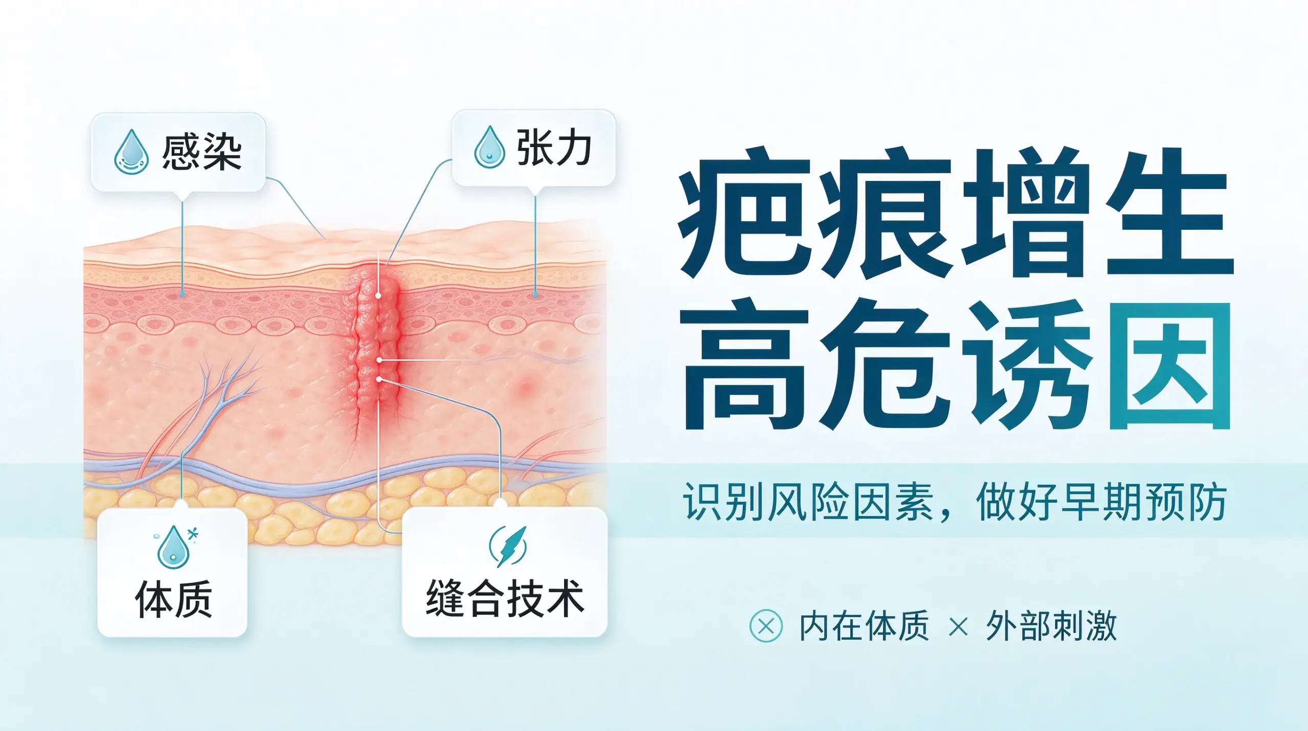 疤痕增生特色图,展示疤痕体质、感染、伤口张力、缝合技术等高危因素