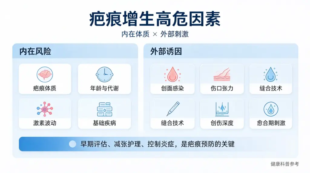 疤痕增生内外部风险因素示意图,讲解疤痕体质、创面感染、伤口张力、缝合技术如何诱发疤痕增生