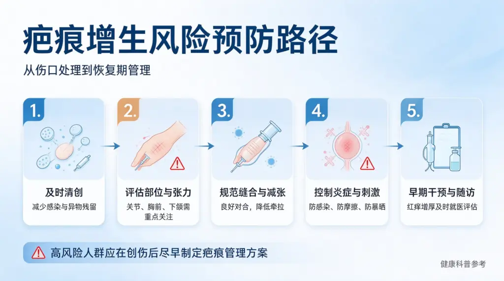 正常创面愈合组织与疤痕增生组织病理对比简图,展示胶原无序堆积造成疤痕凸起的原理