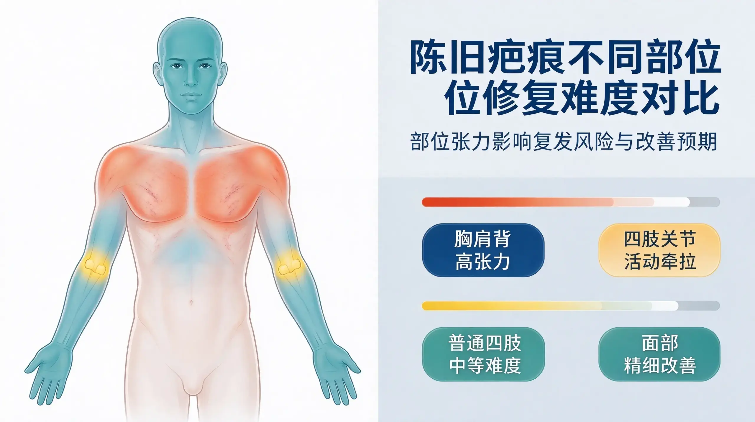 陈旧疤痕不同部位修复难度对比,胸肩背四肢面部皮肤张力瘢痕科普图