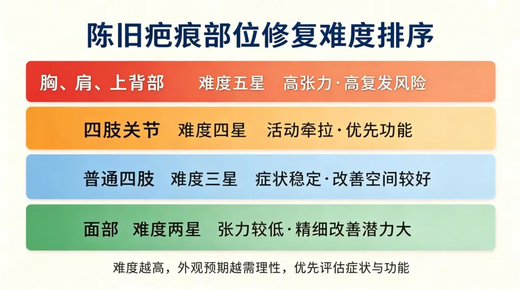 陈旧疤痕胸肩背、四肢关节、普通四肢、面部修复难度星级排序信息图