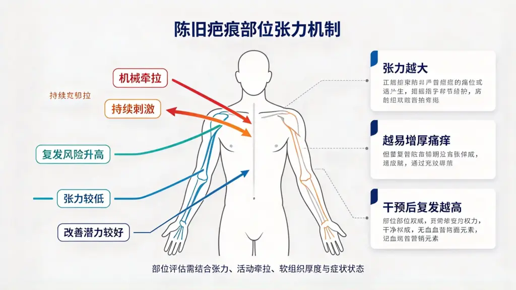 皮肤张力对陈旧疤痕增生的作用机制示意图