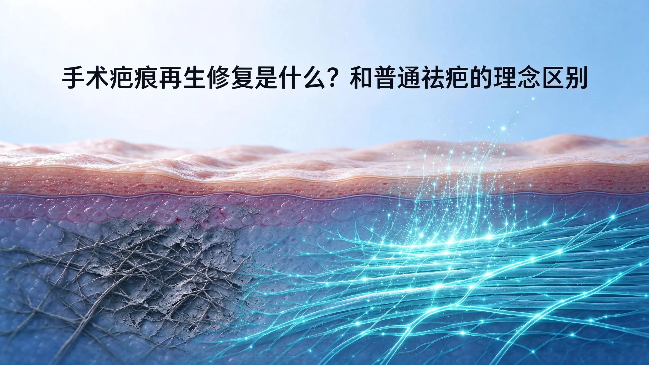 手术疤痕再生修复,真皮层胶原纤维原位重塑、残存干细胞被激活再生的医学示意