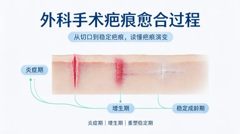 外科手术疤痕愈合过程示意图，展示炎症期、增生期、稳定成熟期三个阶段