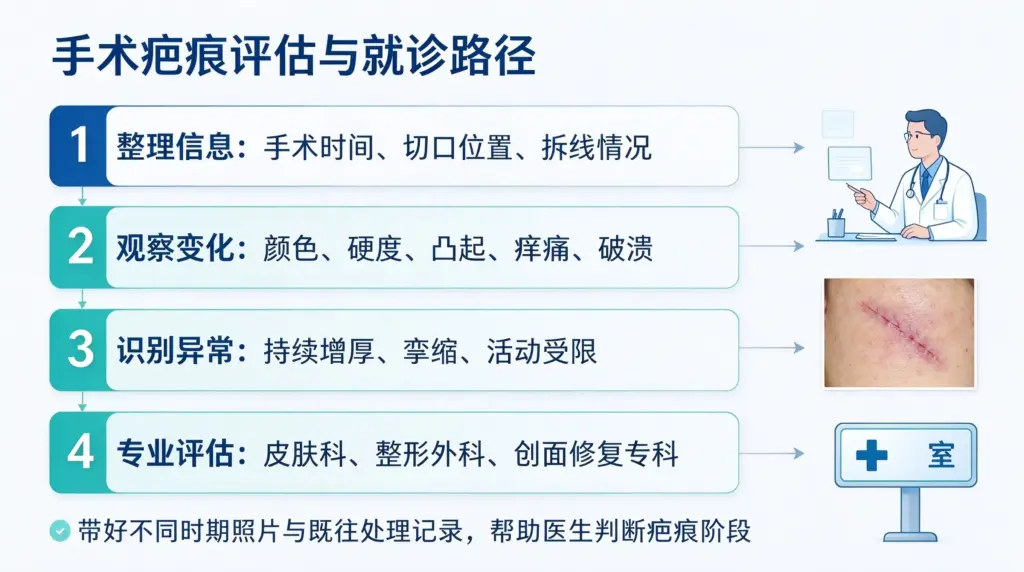 手术疤痕就诊路径图，包含评估信息、异常信号和就医科室