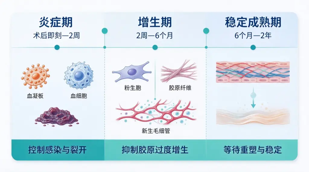 手术疤痕从红硬增生到颜色变淡、质地变软的稳定过程
