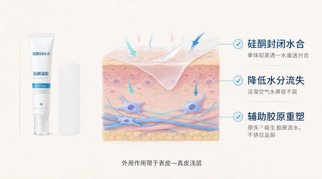 手术疤痕外用成分科普,硅酮制剂、洋葱提取物、积雪苷类作用机制信息图